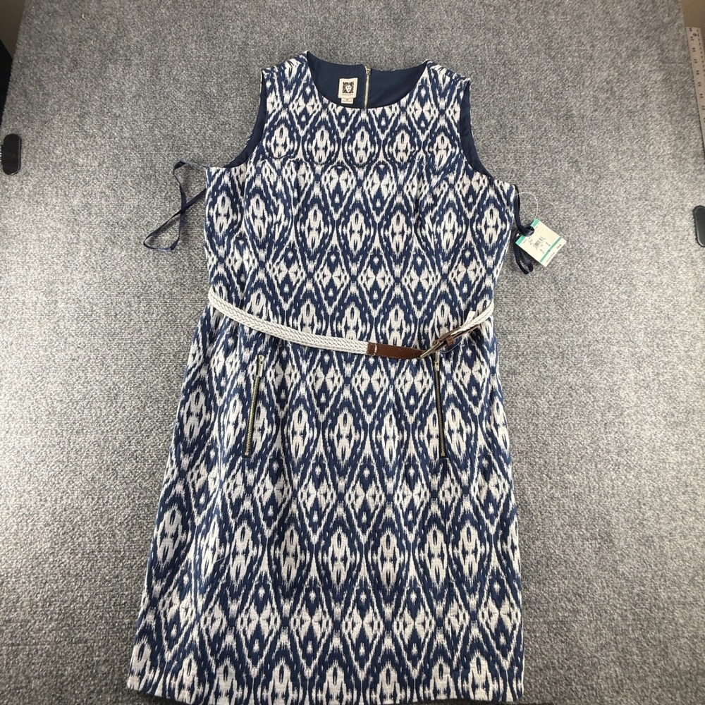 Anne Klein Womens Navy Blue White Ikat Sleeveless Sheath Dress with Belt Size 16